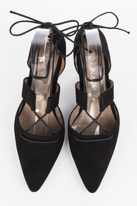 Matt black women's open side shoes, with lace straps. Tapered toe. Medium wedge heels. Top view - Florence KOOIJMAN